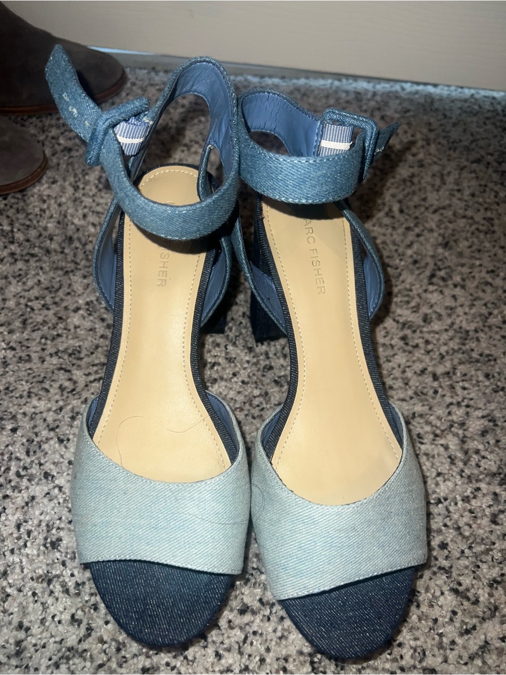 Marc Fisher Two-Tone Denim Ankle-Strap Block Heels